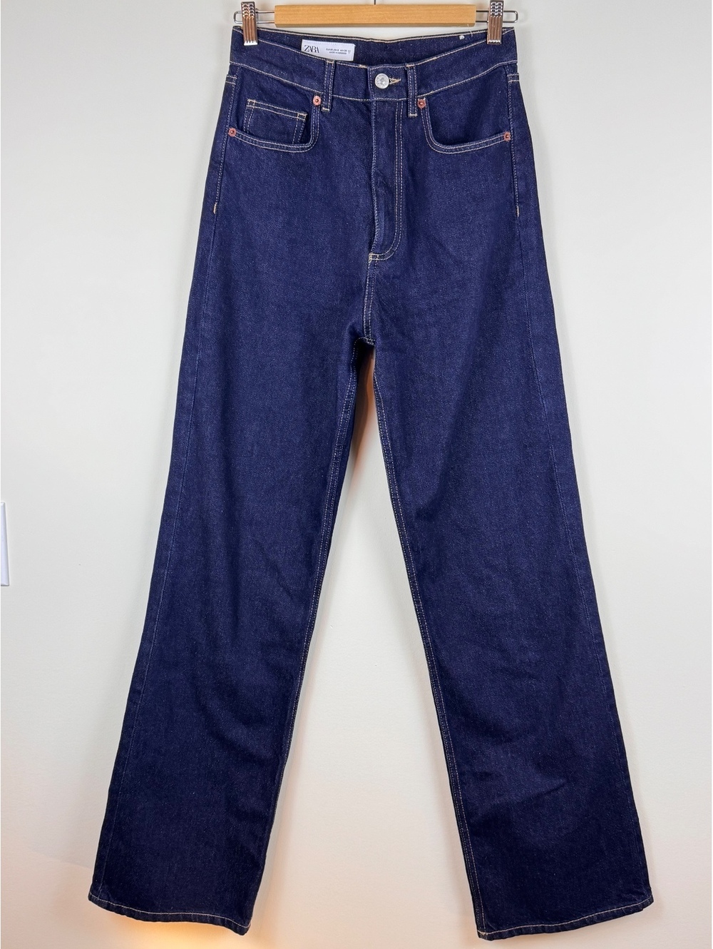 Zara High Rise Wide Leg Jeans Dark Indigo Blue 100% Cotton Size US 6 EU 38